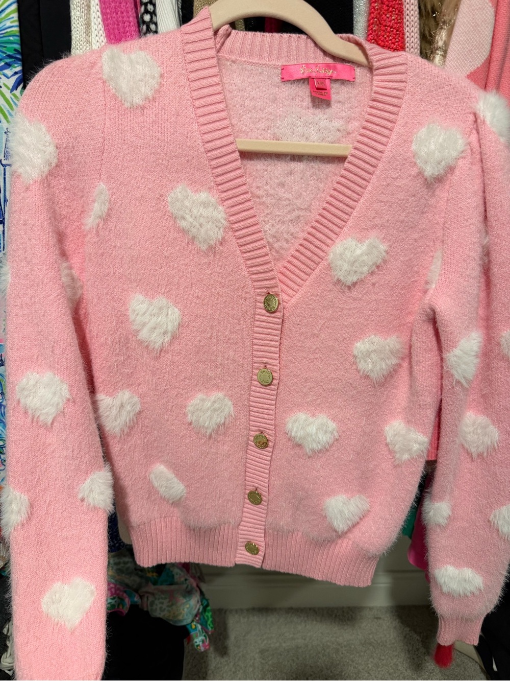Lilly Pulitzer Pink Heart Fuzzy Button Cardigan